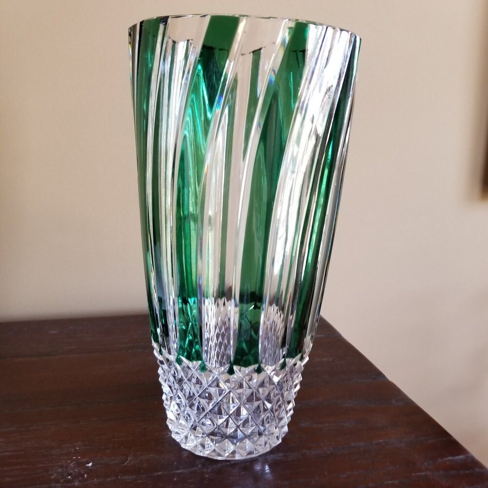 Hand-cut Green-to-Clear Crystal Vase - Val Saint Lambert